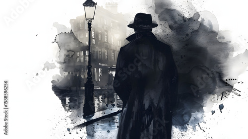 watercolor style Private detective in trench