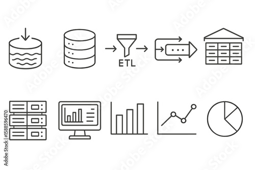 Data management line icon set. database, analysis, etl, visualization, storage