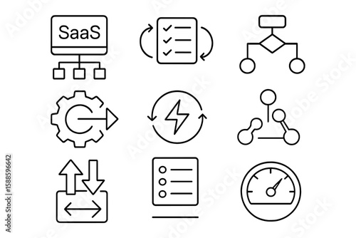 Technology, software linear icon set. applications, network, workflow icons collection