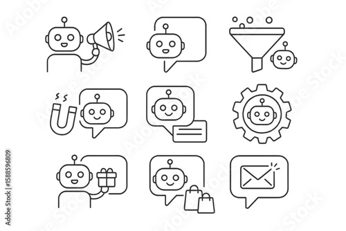 Marketing automation line icon set. chatbots, automation, analytics, emails collection