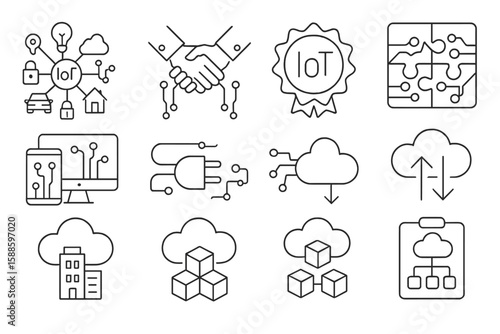 Technology, iot line icon set. cloud, blockchain, network icons in outline style
