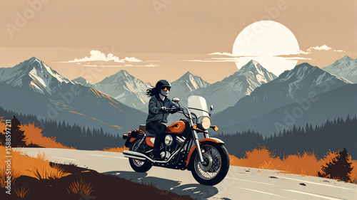 A vector image of a Young Girl riding solo on a Motorcycle in the hilly canyon region alongside a mountain ridge.