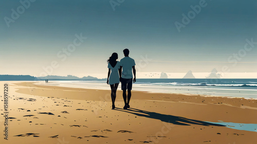 A vector image of a Couple in love walking on a beach, sand, ocean front, coconut palm trees, sunrise, golden hour, mountain range, picturesque, panoramic locale.