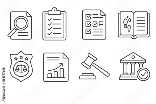 Legal, law outline icon set. court, justice, lawyer symbols outline collection
