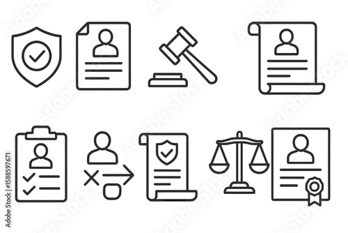 Law and justice line icon set. legal procedures, court, documents, and scales outline collection