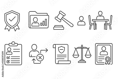 Legal and business outline icon set. law, justice, corporate symbols collection