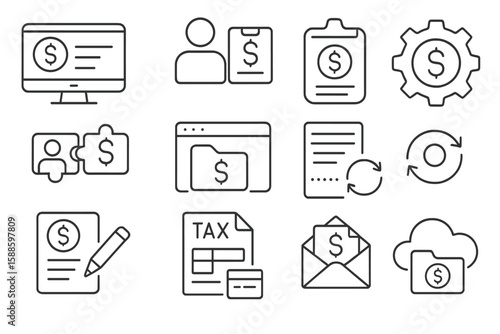 Finance and tax line icon set for web, billing, and accounting needs
