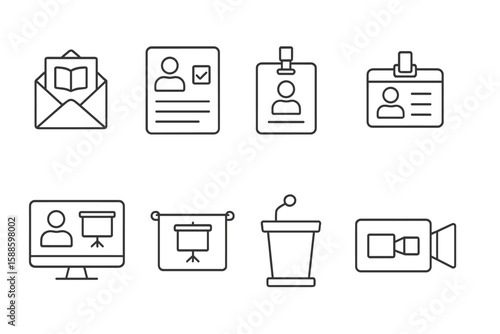 Business and communication line icon set. office, conference, id line collection