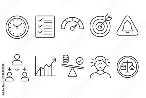 Business and productivity linear icon set. task, growth, and efficiency icons