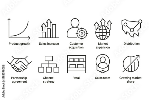 Business growth outline icon set: sales, market expansion, strategy, and distribution icons