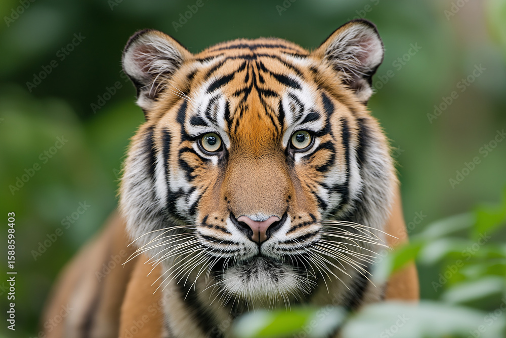 Fototapeta premium Majestic tiger in the jungle with stripes and vibrant eyes, exploring its natural wildlife habitat