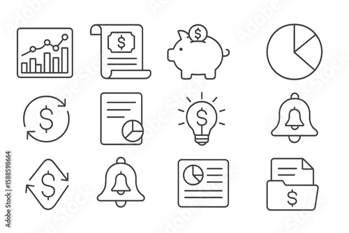 Finance business line icon set. charts, money, investments linear collection