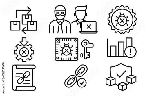 Cybersecurity and hacking icon set. outline style for digital protection