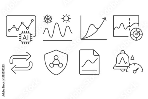 Data analysis linear icon set. graph, ai analytics, forecasting line icons collection