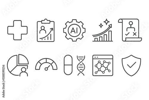 Healthcare, business line icon set. medical, analytics, and protection outline collection