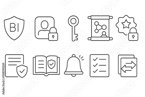 Security, privacy line icon set: protection, key, lock, shield, access, alert, document