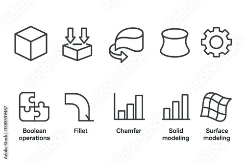 3d modeling tools icon set. cad, boolean, solid modeling, chamfer line style icons
