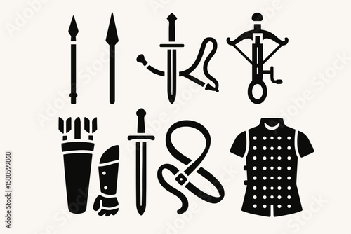 Medieval weaponry silhouette icon set. swords, armor, and crossbows collection