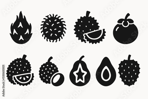 Exotic fruit silhouette icon set. dragon fruit, mangosteen, lychee, durian, papaya icons