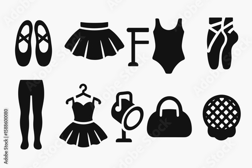 Dance silhouette icon set. ballet, ballet shoes, tutu, leotard, dancewear silhouette