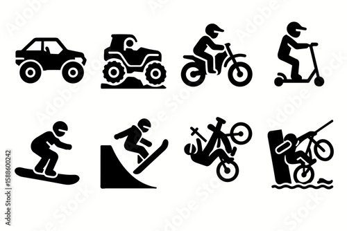 Adventure sports silhouette icon set. skateboarding, biking, skiing silhouette collection
