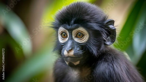 A young dusky langur monkey with expressive eyes gazes curiously from the lush foliage of its natural habitat