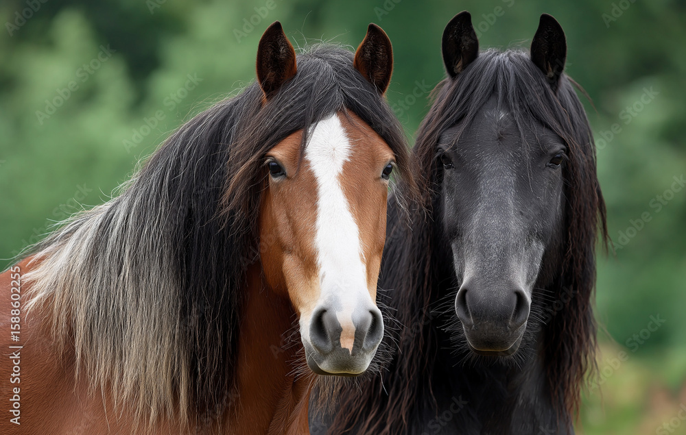 Fototapeta premium two horses of same colors stand together one brown with white on its forehead