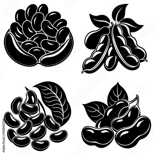 Illustration of various bean pods and loose beans in black and white vector format design element