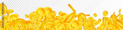Bitcoin coins falling. Cryptocurrency scattered