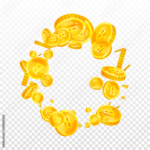 Bitcoin coins falling. Cryptocurrency scattered