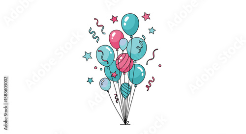 A festive collection of teal and pink balloons with confetti and stars floating upwards creating a celebration atmosphere