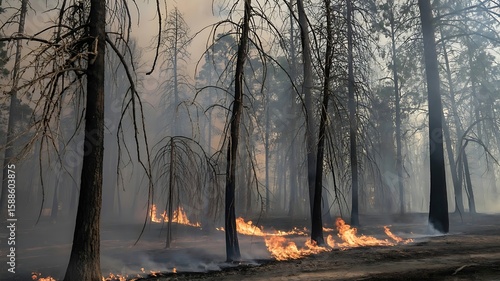 Flames engulf the forest floor as smoke rises through the trees during a wildfire