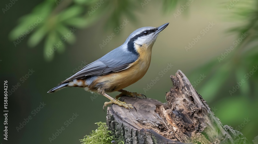 Obraz premium A eurasian nuthatch perched on a mossy tree trunk in its natural habitat
