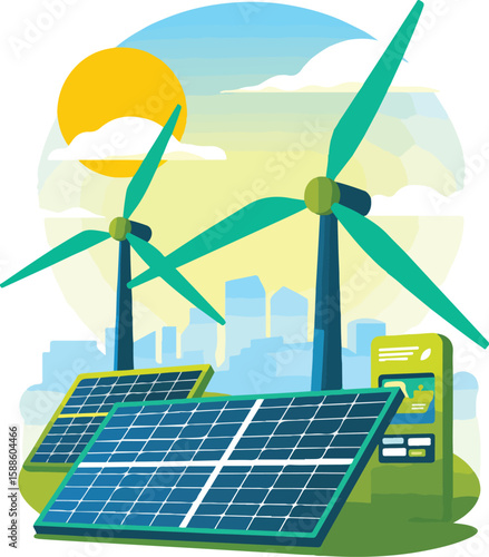 Green energy landscape with wind turbines and solar panels renewable