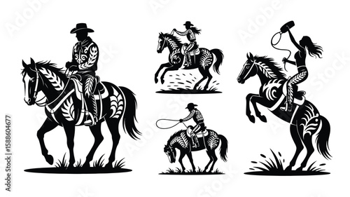 Black vector silhouette illustration of a horse and rider