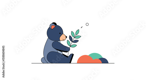 Cute little bear cub sitting in a forest holding a green branch and looking at small colorful hills