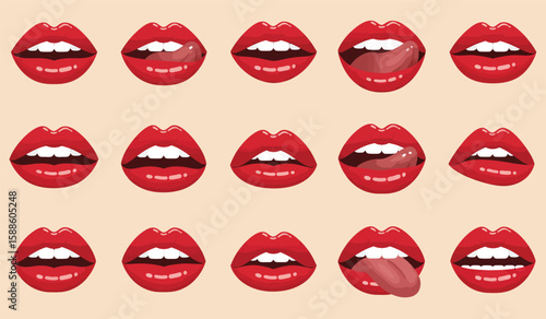 Red Lips with Tongue Out in Various Poses on Beige Background