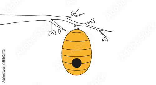 A beehive hangs from a tree branch creating a natural ecosystem for insect life