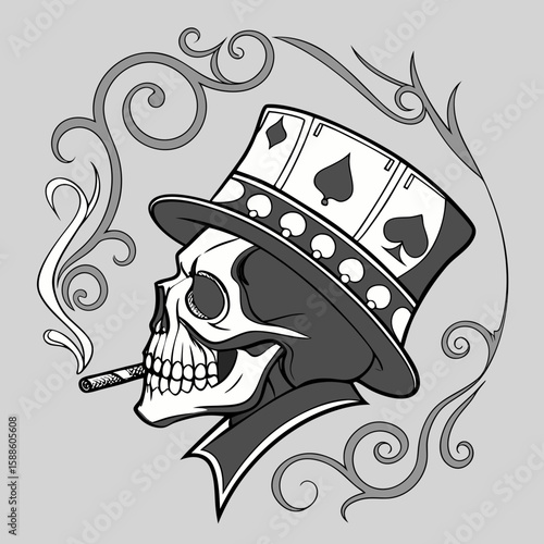 Smoking Skull in Top Hat with Playing Card Design, Monochrome, Vintage Tattoo Style Illustration