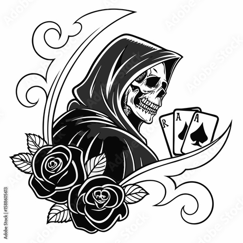 Grim Reaper Tattoo Design: Black and White Skull, Roses, Playing Cards, Vintage Style