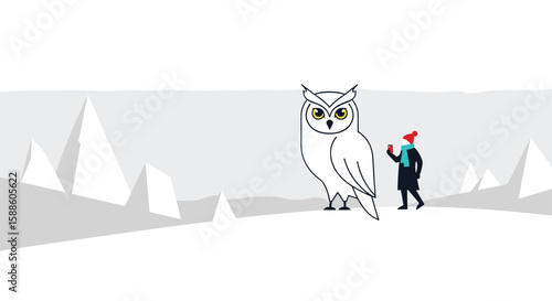 A person encounters a giant white owl in a snowy landscape observing nature's beauty and winter wonder