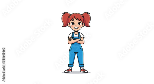 Cute pixel art girl with pigtails wearing overalls and sneakers