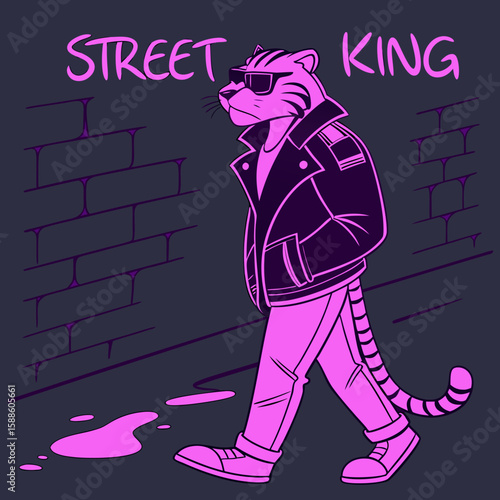 Cool Streetwise Tiger in Leather Jacket, Urban Night Scene, Retro Style Illustration