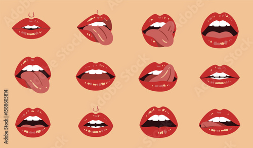 Cartoon Mouths with Red Lipstick and Tongues in Various Poses and Expressions