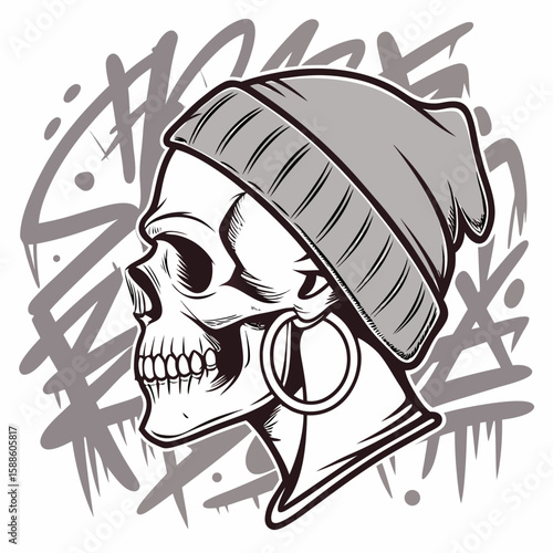 Stylish Skull in Beanie: Graffiti Background, Edgy, Monochrome Vector Illustration