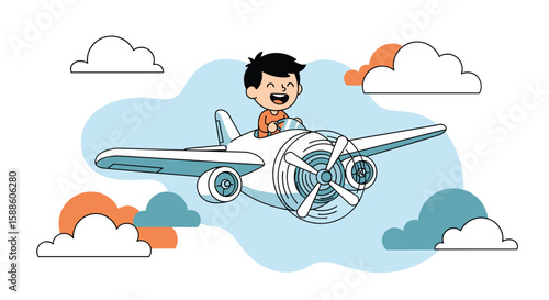 Joyful young boy piloting a vintage propeller airplane through fluffy clouds and whimsical colorful shapes on a bright sunny day