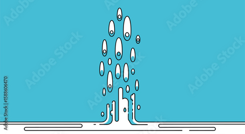 Abstract digital artwork depicting an upward flowing stream of stylized water droplets against a solid light blue background with a minimalist ground line