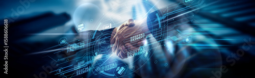 Digital payment concept, cashless transaction, handshake of global network connection processing funds, apps, QR, security, banking, speed, and accessibility.