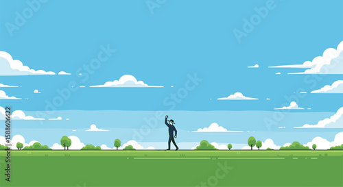 A lone figure dances gracefully across a vast green field under a bright blue sky with fluffy white clouds