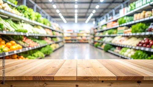 Fototapeta Naklejka Na Ścianę i Meble -  Blurred supermarket interior, light wood table top